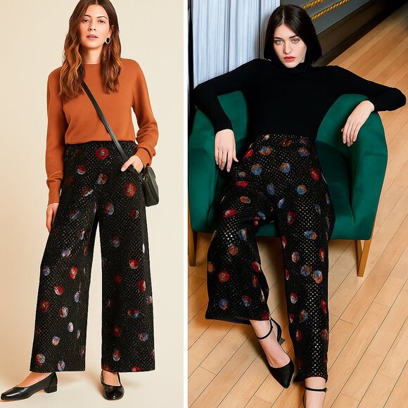 Anthropologie Eva Franco Hepburn Pant Black/Multi Metallic Wide-Leg Size 4 - Picture 1 of 8